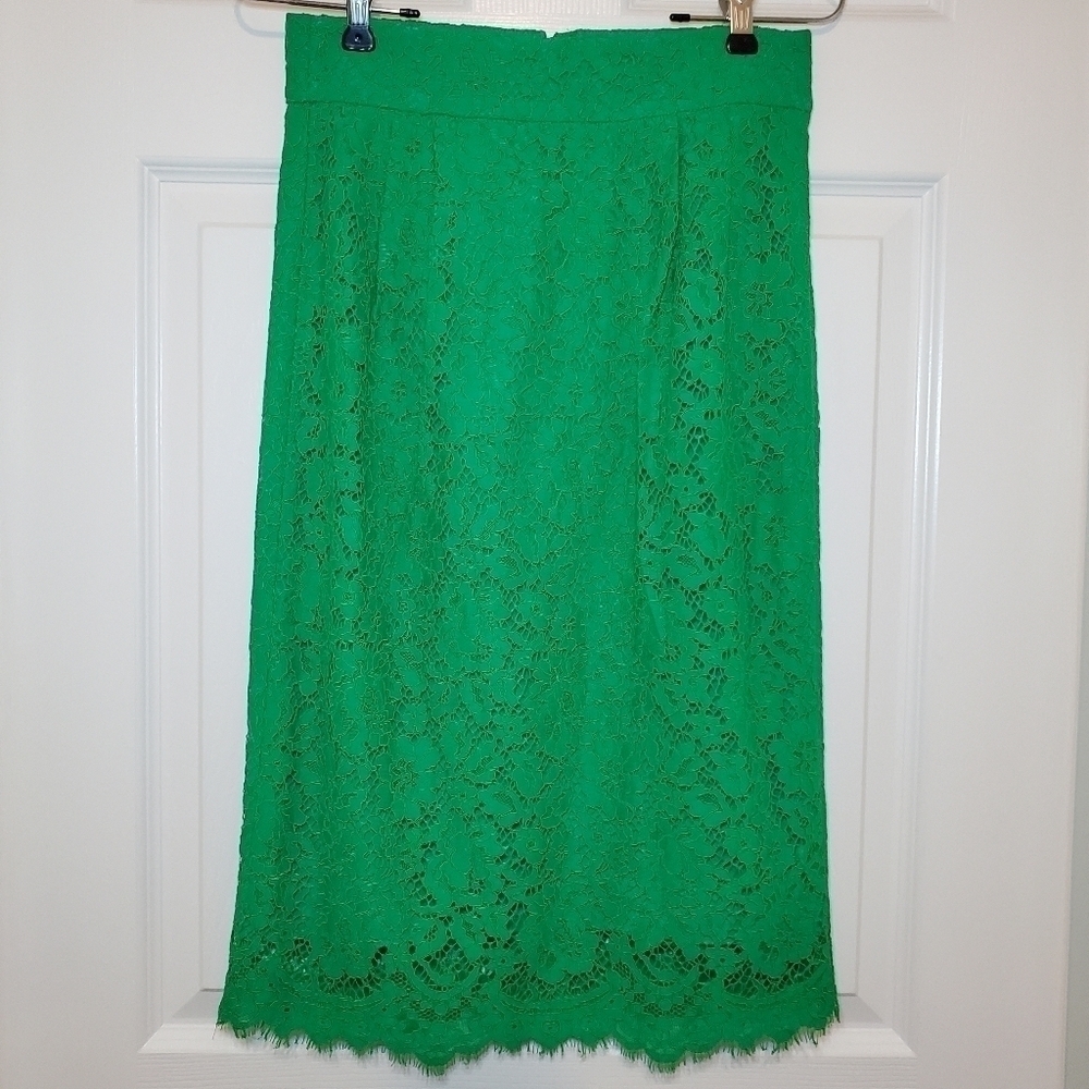 J.Crew Kelly Green High Waisted Lace Pencil Skirt Sz 0